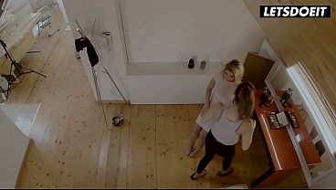 Lesbian Photo Shoot Gets Handsy… Tattooed Blonde and Brunette Grab Each Other’s Tits on Set