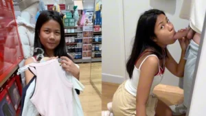 An 18-year-old Thai girl sucks me in a fitting room and I end up in her mouth